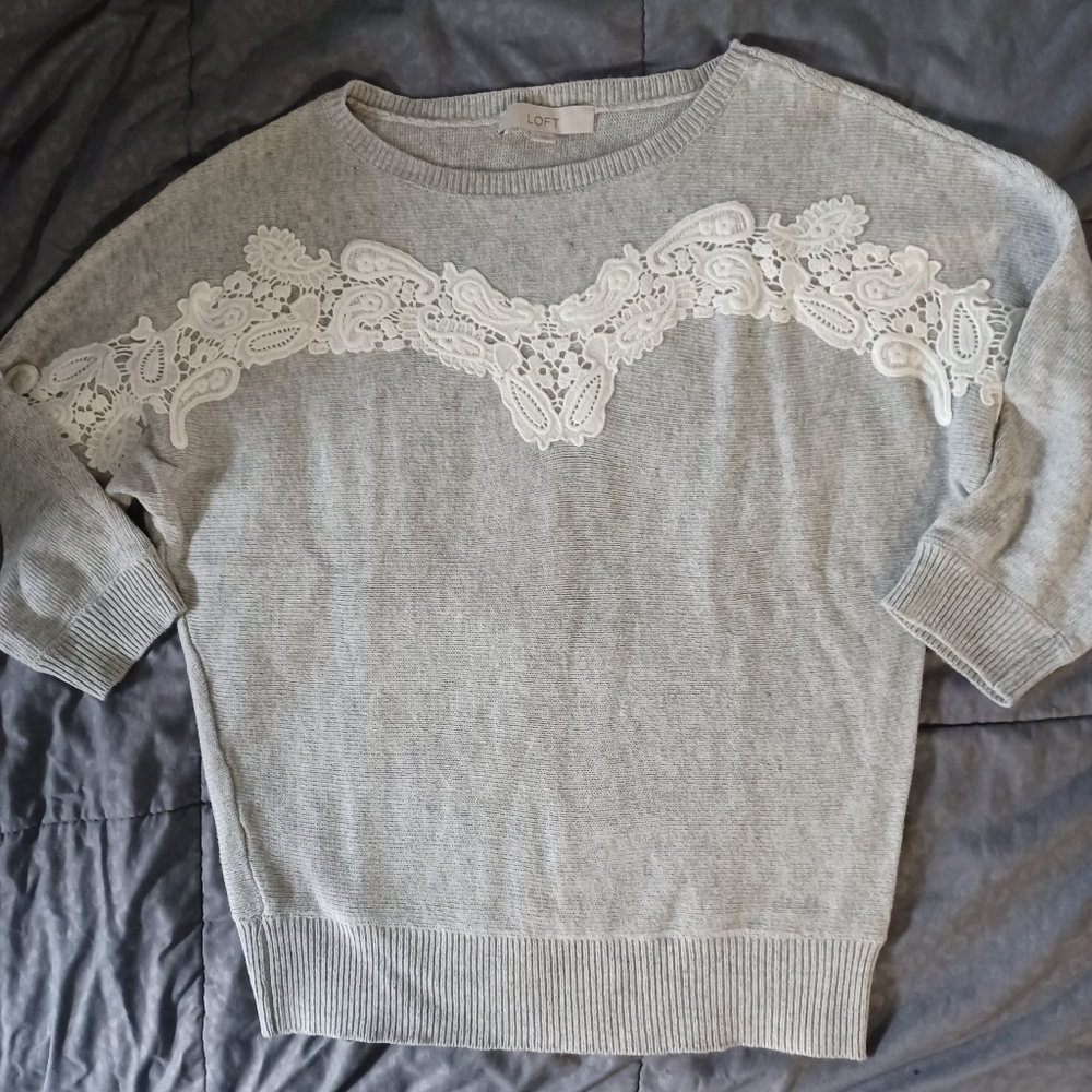 Loft Cardigan Sweater Heather Gray with Cream Lace Size Small Women's